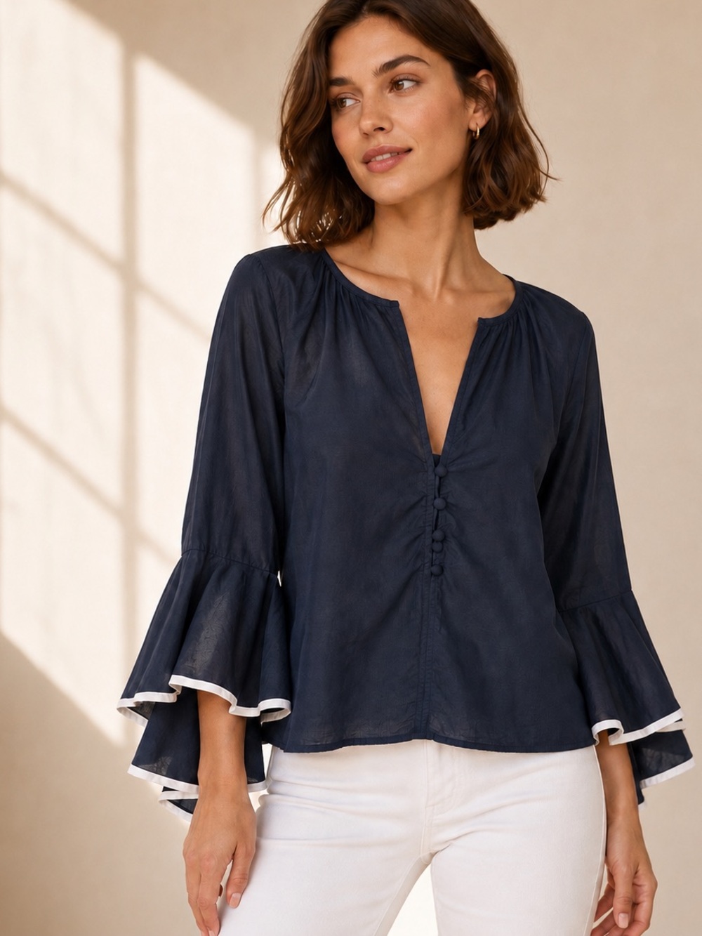 MISA Los Angeles Segal Bell Sleeve Top Medium Navy Blue White Trim Cotton